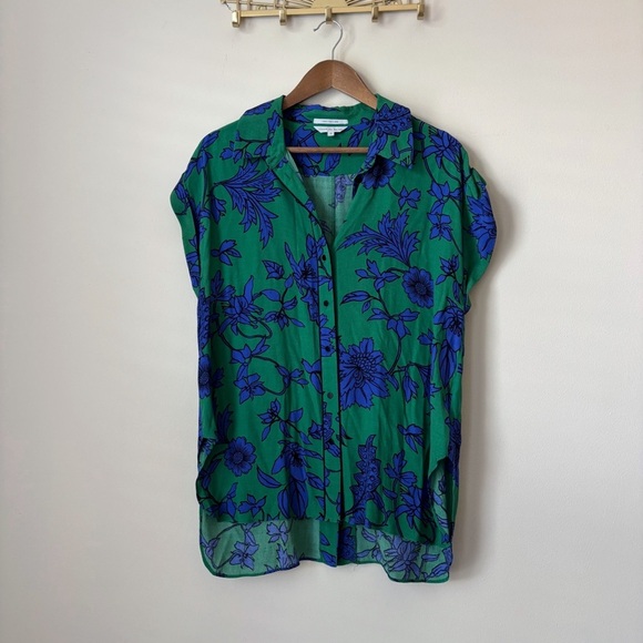 Veronika Maine Floral Tunic Blouse 10 Button Front Green Blue - Picture 2 of 10